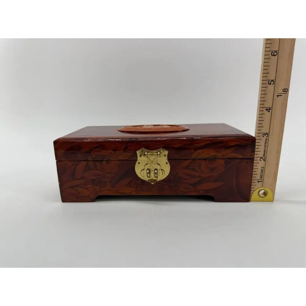 Chinese Carved Wood Jewelry Box Duck Lotus Red Silk Lined Brass Latch
